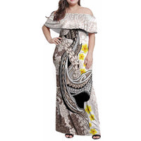 Brown and White Hawaii Shark Tattoo Family Matching Off Shoulder Maxi Dress and Hawaiian Shirt Puakenikeni Lei Plumeria Polynesian Pattern - Polynesian Pride