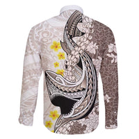 Brown and White Hawaii Shark Tattoo Family Matching Off Shoulder Short Dress and Hawaiian Shirt Puakenikeni Lei Plumeria Polynesian Pattern - Polynesian Pride