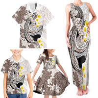 Brown and White Hawaii Shark Tattoo Family Matching Tank Maxi Dress and Hawaiian Shirt Puakenikeni Lei Plumeria Polynesian Pattern - Polynesian Pride