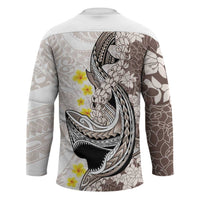 Brown and White Hawaii Shark Tattoo Hockey Jersey Puakenikeni Lei Plumeria Polynesian Pattern LT14 - Polynesian Pride