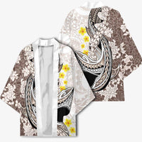 Brown and White Hawaii Shark Tattoo Kimono Puakenikeni Lei Plumeria Polynesian Pattern - Polynesian Pride