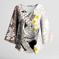 Brown and White Hawaii Shark Tattoo Kimono Sleeve Blouse Puakenikeni Lei Plumeria Polynesian Pattern - Polynesian Pride