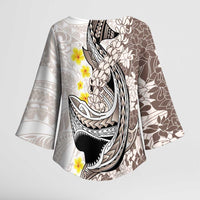 Brown and White Hawaii Shark Tattoo Kimono Sleeve Blouse Puakenikeni Lei Plumeria Polynesian Pattern - Polynesian Pride