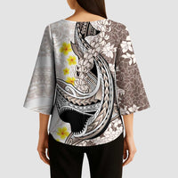 Brown and White Hawaii Shark Tattoo Kimono Sleeve Blouse Puakenikeni Lei Plumeria Polynesian Pattern - Polynesian Pride