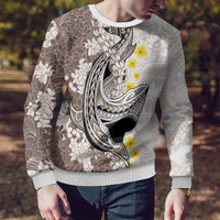 Brown and White Hawaii Shark Tattoo Ugly Christmas Sweater Puakenikeni Lei Plumeria Polynesian Pattern - Polynesian Pride