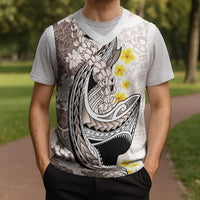 Brown and White Hawaii Shark Tattoo Christmas Knitted V-Neck Vest Puakenikeni Lei Plumeria Polynesian Pattern - Polynesian Pride