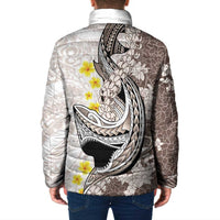Brown and White Hawaii Shark Tattoo Padded Jacket Puakenikeni Lei Plumeria Polynesian Pattern - Polynesian Pride
