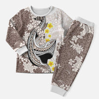 Brown and White Hawaii Shark Tattoo Christmas Pajama Set Puakenikeni Lei Plumeria Polynesian Pattern - Polynesian Pride