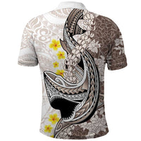 Brown and White Hawaii Shark Tattoo Polo Shirt Puakenikeni Lei Plumeria Polynesian Pattern - Polynesian Pride