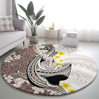 Brown and White Hawaii Shark Tattoo Round Carpet Puakenikeni Lei Plumeria Polynesian Pattern - Polynesian Pride