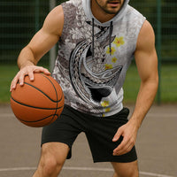 Brown and White Hawaii Shark Tattoo Sleeveless Hoodie Puakenikeni Lei Plumeria Polynesian Pattern - Polynesian Pride