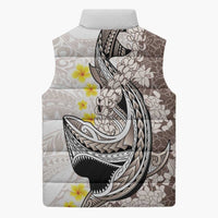 Brown and White Hawaii Shark Tattoo Sleeveless Puffer Jacket Puakenikeni Lei Plumeria Polynesian Pattern - Polynesian Pride