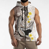 Brown and White Hawaii Shark Tattoo Sleeveless Zip Hoodie Puakenikeni Lei Plumeria Polynesian Pattern - Polynesian Pride