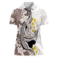 Brown and White Hawaii Shark Tattoo Women Polo Shirt Puakenikeni Lei Plumeria Polynesian Pattern - Polynesian Pride