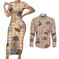 Khaki Palaka Hawaii Cowboy Couples Matching Short Sleeve Bodycon Dress and Long Sleeve Button Shirt Puakenikeni Lei Paniolo Papale Seamless Vibes - Polynesian Pride