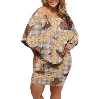 Khaki Palaka Hawaii Cowboy Family Matching Off Shoulder Short Dress and Hawaiian Shirt Puakenikeni Lei Paniolo Papale Seamless Vibes - Polynesian Pride
