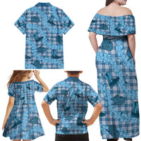 Cyan Palaka Hawaii Cowboy Family Matching Off Shoulder Maxi Dress and Hawaiian Shirt Puakenikeni Lei Paniolo Papale Seamless Vibes - Polynesian Pride