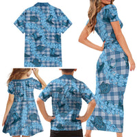 Cyan Palaka Hawaii Cowboy Family Matching Short Sleeve Bodycon Dress and Hawaiian Shirt Puakenikeni Lei Paniolo Papale Seamless Vibes - Polynesian Pride