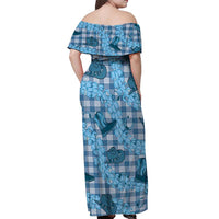 Cyan Palaka Hawaii Cowboy Off Shoulder Maxi Dress Puakenikeni Lei Paniolo Papale Seamless Vibes - Polynesian Pride