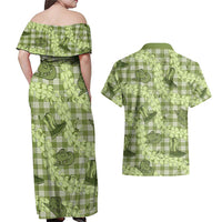 Lime Palaka Hawaii Cowboy Couples Matching Off Shoulder Maxi Dress and Hawaiian Shirt Puakenikeni Lei Paniolo Papale Seamless Vibes - Polynesian Pride