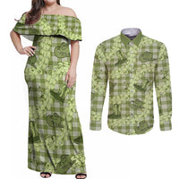 Lime Palaka Hawaii Cowboy Couples Matching Off Shoulder Maxi Dress and Long Sleeve Button Shirt Puakenikeni Lei Paniolo Papale Seamless Vibes - Polynesian Pride