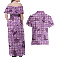 Purple Palaka Hawaii Cowboy Couples Matching Off Shoulder Maxi Dress and Hawaiian Shirt Puakenikeni Lei Paniolo Papale Seamless Vibes - Polynesian Pride