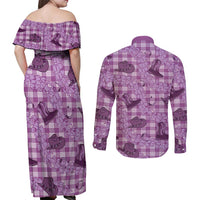 Purple Palaka Hawaii Cowboy Couples Matching Off Shoulder Maxi Dress and Long Sleeve Button Shirt Puakenikeni Lei Paniolo Papale Seamless Vibes - Polynesian Pride