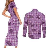 Purple Palaka Hawaii Cowboy Couples Matching Short Sleeve Bodycon Dress and Long Sleeve Button Shirt Puakenikeni Lei Paniolo Papale Seamless Vibes - Polynesian Pride