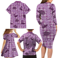 Purple Palaka Hawaii Cowboy Family Matching Long Sleeve Bodycon Dress and Hawaiian Shirt Puakenikeni Lei Paniolo Papale Seamless Vibes - Polynesian Pride