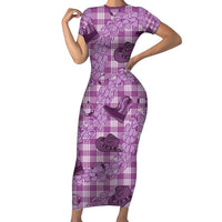 Purple Palaka Hawaii Cowboy Family Matching Short Sleeve Bodycon Dress and Hawaiian Shirt Puakenikeni Lei Paniolo Papale Seamless Vibes - Polynesian Pride
