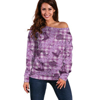 Purple Palaka Hawaii Cowboy Off Shoulder Sweater Puakenikeni Lei Paniolo Papale Seamless Vibes - Polynesian Pride
