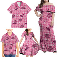 Pink Palaka Hawaii Cowboy Family Matching Off Shoulder Maxi Dress and Hawaiian Shirt Puakenikeni Lei Paniolo Papale Seamless Vibes - Polynesian Pride