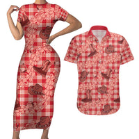 Red Palaka Hawaii Cowboy Couples Matching Short Sleeve Bodycon Dress and Hawaiian Shirt Puakenikeni Lei Paniolo Papale Seamless Vibes - Polynesian Pride