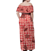 Red Palaka Hawaii Cowboy Family Matching Off Shoulder Maxi Dress and Hawaiian Shirt Puakenikeni Lei Paniolo Papale Seamless Vibes - Polynesian Pride