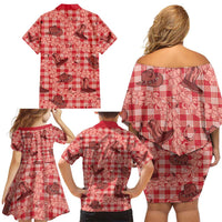 Red Palaka Hawaii Cowboy Family Matching Off Shoulder Short Dress and Hawaiian Shirt Puakenikeni Lei Paniolo Papale Seamless Vibes - Polynesian Pride