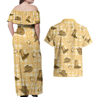Yellow Palaka Hawaii Cowboy Couples Matching Off Shoulder Maxi Dress and Hawaiian Shirt Puakenikeni Lei Paniolo Papale Seamless Vibes - Polynesian Pride