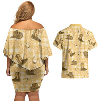 Yellow Palaka Hawaii Cowboy Couples Matching Off Shoulder Short Dress and Hawaiian Shirt Puakenikeni Lei Paniolo Papale Seamless Vibes - Polynesian Pride