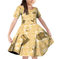 Yellow Palaka Hawaii Cowboy Family Matching Off Shoulder Short Dress and Hawaiian Shirt Puakenikeni Lei Paniolo Papale Seamless Vibes - Polynesian Pride