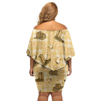 Yellow Palaka Hawaii Cowboy Family Matching Off Shoulder Short Dress and Hawaiian Shirt Puakenikeni Lei Paniolo Papale Seamless Vibes - Polynesian Pride