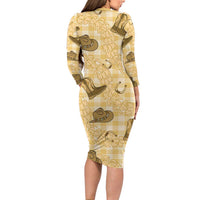 Yellow Palaka Hawaii Cowboy Long Sleeve Bodycon Dress Puakenikeni Lei Paniolo Papale Seamless Vibes - Polynesian Pride