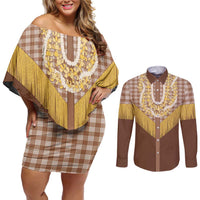 Aloha Hawaii Cowboy Custome Couples Matching Off Shoulder Short Dress and Long Sleeve Button Shirt Puakenikeni Lei Palaka Tassel Style - Polynesian Pride