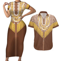 Aloha Hawaii Cowboy Custome Couples Matching Short Sleeve Bodycon Dress and Hawaiian Shirt Puakenikeni Lei Palaka Tassel Style - Polynesian Pride