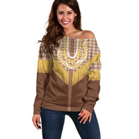 Aloha Hawaii Cowboy Custome Off Shoulder Sweater Puakenikeni Lei Palaka Tassel Style - Polynesian Pride