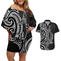 New Zealand Hammerhead Shark Couples Matching Off Shoulder Short Dress and Hawaiian Shirt Maori Haehae Mangopare Black - Polynesian Pride