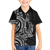 New Zealand Hammerhead Shark Family Matching Off The Shoulder Long Sleeve Dress and Hawaiian Shirt Maori Haehae Mangopare Black - Polynesian Pride