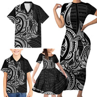 New Zealand Hammerhead Shark Family Matching Short Sleeve Bodycon Dress and Hawaiian Shirt Maori Haehae Mangopare Black - Polynesian Pride
