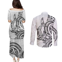 New Zealand Hammerhead Shark Couples Matching Puletasi and Long Sleeve Button Shirt Maori Haehae Mangopare White - Polynesian Pride