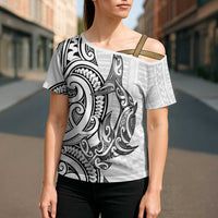 New Zealand Hammerhead Shark Cross Shoulder Shirt Maori Haehae Mangopare White - Polynesian Pride