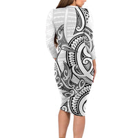 New Zealand Hammerhead Shark Family Matching Long Sleeve Bodycon Dress and Hawaiian Shirt Maori Haehae Mangopare White - Polynesian Pride