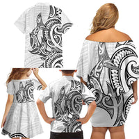 New Zealand Hammerhead Shark Family Matching Off Shoulder Short Dress and Hawaiian Shirt Maori Haehae Mangopare White - Polynesian Pride